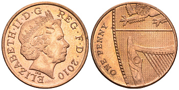 Великобритания 1 пенни 2010 Елизавета II (1952-2022) KM 1107, Spink B6 сталь плакированная медью 4609-722