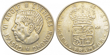Швеция 1 крона 1966 U, Густав VI Адольф (1950-1973) KM 826 серебро 3856-1234
