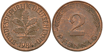 ФРГ 2 пфеннига 1984 F J.381a, KM 106a сталь плакированная медью    4598-868
