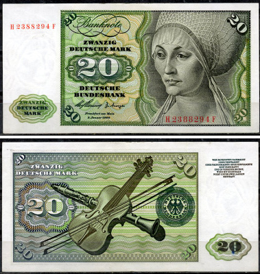 ФРГ 20 марок 1960 Эльсбет Тухер (Альбрехт Дюрер), скрипка, кларнет Pick 20 a  бумага  aUNC 451-915-2