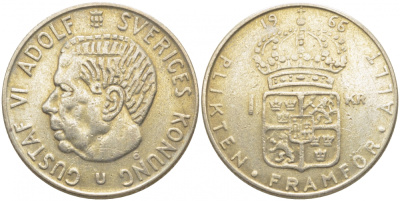 Швеция 1 крона 1966 U, Густав VI Адольф (1950-1973) KM 826 серебро 3856-1234