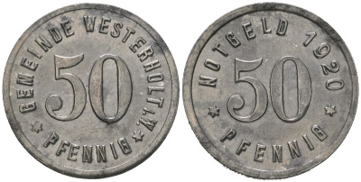 Вестерхольт (Пруссия, Вестфалия) 50 пфеннигов 1920 Funck 598.3, Men05 26656.3, Men18 33501.3 железо aUNC 1524-833