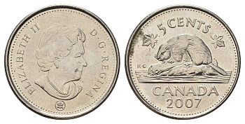 Канада 5 центов 2007 Leaf, Елизавета II (1952-2022), бобр KM 491 сталь плакированная никелем UNC 4689-466