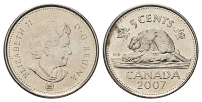 Канада 5 центов 2007 Leaf, Елизавета II (1952-2022), бобр KM 491 сталь плакированная никелем UNC 4689-466