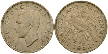 Новая Зеландия 1 пенни 1952 Птица Туи, Король Георг VI (1937 - 1952) KM 21 бронза 4120-114