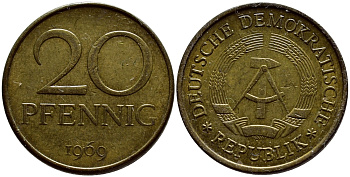 ГДР 20 пфеннигов 1969 А, первый год KM 11 латунь UNC 4398-1057