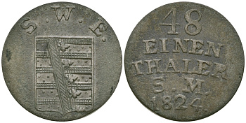 Саксен-Веймар-Эйзенах 1/48 талера 1824 S.W.E., Карл Август (1758-1809-1828) KM 69 серебро    99-618