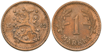 Финляндия 1 марка 1942 S KM 30a медь 4173-823