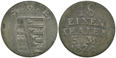 Саксен-Веймар-Эйзенах 1/48 талера 1824 S.W.E., Карл Август (1758-1809-1828) KM 69 серебро    99-618
