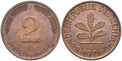 ФРГ 2 ПФЕННИГА 1971 J KM 106a, Jager 381a сталь плакированная сталь плакированная медьюю 4546-1016