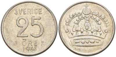 Швеция 25 эре 1961 TS, Густав VI Адольф (1950-1973) KM 824 серебро 4147-1117