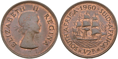 ЮАР 1/2 пенни 1960 Елизавета II (1953-1960) KM 45 бронза UNC 4118-1033