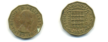 Великобритания 3 пенса 1955 Елизавета II (1952-2022) KM 900, Spink 4153 никель латунь 59-723