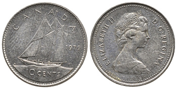 Канада 10 центов 1979 Елизавета II (1952-2022), парусник KM 77.2 никель 73-1733