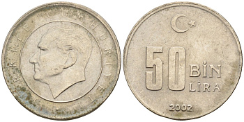Турция 50000 лир 2002 Мустафа Кемаль Ататюрк KM 1056 медь никель цинк 4596-826