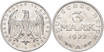 Германия 3 марки 1922 A, третья годовщина Веймарской Конституции KM 29, J.303 алюминий UNC 4587-232