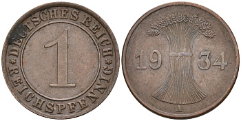 Германия 1 рейхспфенниг 1934 A, Веймарская республика KM 37 бронза 4387-1063