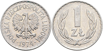 Польша 1 злотый 1974 MW, Народная Республика KM 49.1, Parchimowicz 213k алюминий 3336-1151
