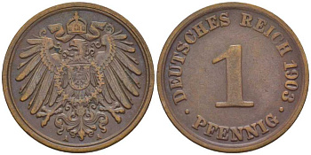 ГЕРМАНИЯ 1 ПФЕННИГ 1903 A KM 10, J. 10, Weege 2 медь 211-153
