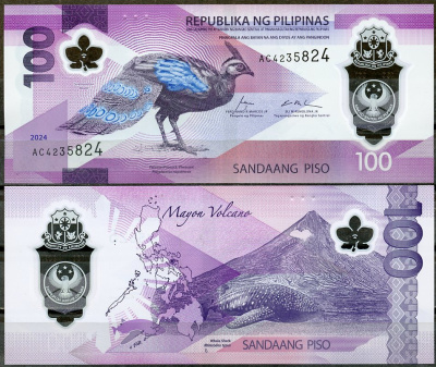 Филиппины 100 писо 2024 павлиний фазан, вулкан Майон, китовая акула  Pick 238  пластик  UNC (пресс) 446-83-3