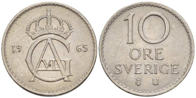 Швеция 10 эре 1965 U, Густав VI Адольф (1950-1973) KM 835 медно-никель 4516-437