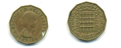 Великобритания 3 пенса 1955 Елизавета II (1952-2022) KM 900, Spink 4153 никель латунь 59-723