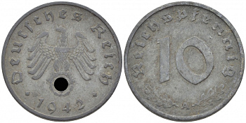 ГЕРМАНИЯ 10 РЕЙХСПФЕННИГОВ 1942 A J.371 цинк 110-254