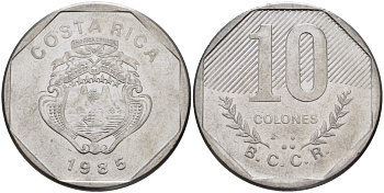Коста-Рика 10 колонов 1985 B.C.C.R. KM 215.2 нержавеющая сталь 82-115