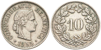 ШВЕЙЦАРИЯ 10 РАППЕНОВ 1955 В KM 27 медно-никель 55-247