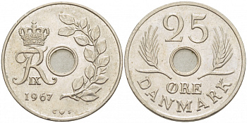 ДАНИЯ 25 ЭРЕ 1967 С; S, ФРЕДЕРИК IX (1947-1972) KM 855.1 медно-никель UNC 86-1347