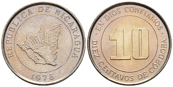 Никарагуа 10 сентаво 1978 карта страны KM 31 медно-никель  UNC  220-1232