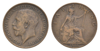 Великобритания 1 фартинг 1914 Георг V (1910-1936) KM 808.1, Spink 4059 бронза 4630-1154