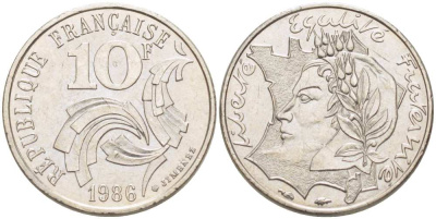 ФРАНЦИЯ 10 ФРАНКОВ 1986 РЕСПУБЛИКА KM 959, LE FRANC 373.2 никель 217-257