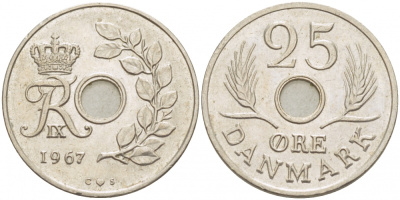 Дания 25 эре 1967 С; S, Фредерик IX (1947-1972) KM 855.1 медно-никель UNC 86-1347