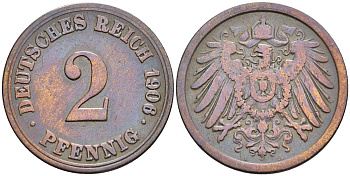 ГЕРМАНИЯ 2 ПФЕННИГА 1906 A KM 16, Jager 11, Weege 4 медь 4546-632