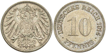 ГЕРМАНИЯ 10 ПФЕННИГОВ 1914 G KM 12, J. 13, Weege 8 медно-никель 212-247
