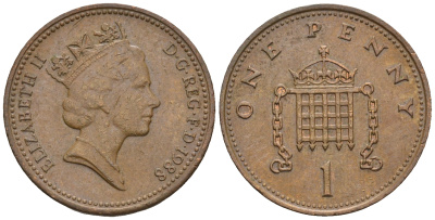 Великобритания 1 пенни 1988 Елизавета II (1952-2022) KM 935, Spink 4381 (B3) бронза 4609-525