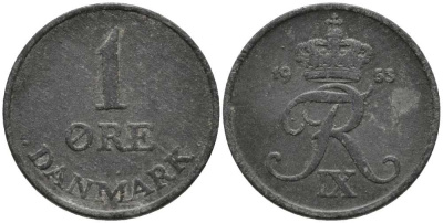 ДАНИЯ 1 ЭРЕ 1953 N; S, КРИСТИАН X (1912-1947) KM 839.1 цинк 116-112