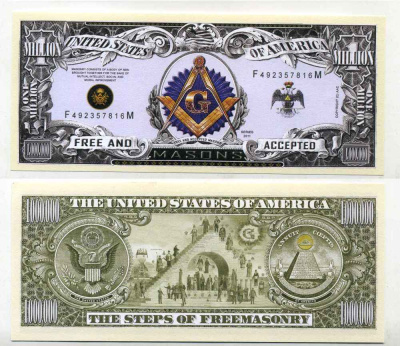 США 1000000 ДОЛЛАРОВ 2011 СУВЕНИРНАЯ БАНКНОТА, МАСОНСКАЯ ПИРАМИДА, СТУПЕНИ МАСОНСТВА, МАСОНСКИЙ ЗНАК бумага UNC (ПРЕСС) 8588-61-4-2