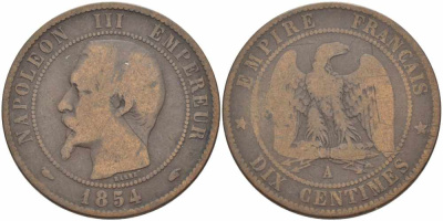 ФРАНЦИЯ 10 САНТИМОВ 1854 A, НАПОЛЕОН III (1852-1870) KM 771.1, LE FRANC 133.10 бронза 38-1013