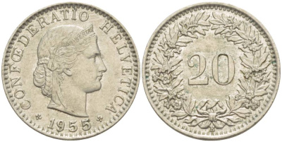 ШВЕЙЦАРИЯ 20 РАППЕНОВ 1955 В KM 29а медно-никель 4511-917