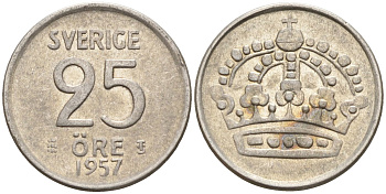 Швеция 25 эре 1957 TS, Густав VI Адольф (1950-1973) KM 824 серебро 4147-1053