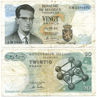 Бельгия 20 франков 1964 Бодуэн I, атомиум, Esselens Pick 138 (2) бумага 7486-68-1-2