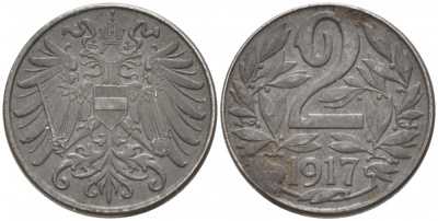 АВСТРИЯ 2 ГЕЛЛЕРА 1917 КАРЛ I (1916-1918) KM 2824 железо 3309-939