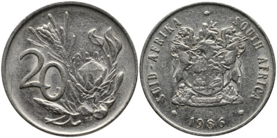 ЮАР 20 ЦЕНТОВ 1986 ЦВЕТОК ПРОТЕЯ KM 86 никель 3336-1245