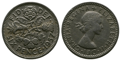 Великобритания 6 пенсов 1957 Елизавета II (1952-2022) KM 903, Spink 4149 медно-никель 4381-664