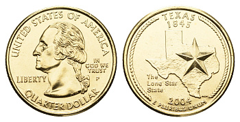 США 1/4 доллара (25 центов) 2004 Квотер штата Техас KM 357 медь плакированная золотом UNC 11-117-56