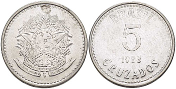 Бразилия 5 крузадо 1988 реформа 1986-1989 KM 606 нержавеющая сталь 65-824