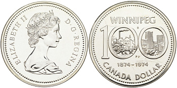 Канада 1 доллар 1974 100 лет городу Виннипег KM 88a серебро UNC 1095-4-33