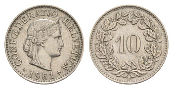 Швейцария 10 раппенов 1961 B KM 27 медно-никель 4625-257